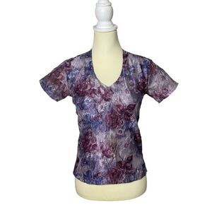 Vintage De Rotchild Colorful Floral Short Sleeve Semi Sheer Top Women's Size M